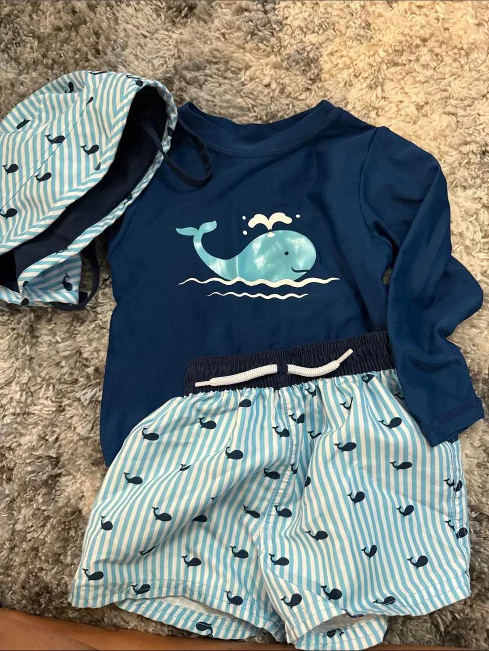 Peloton Navy & Light Blue Whale Swim Set with Striped Shorts and Sun Hat